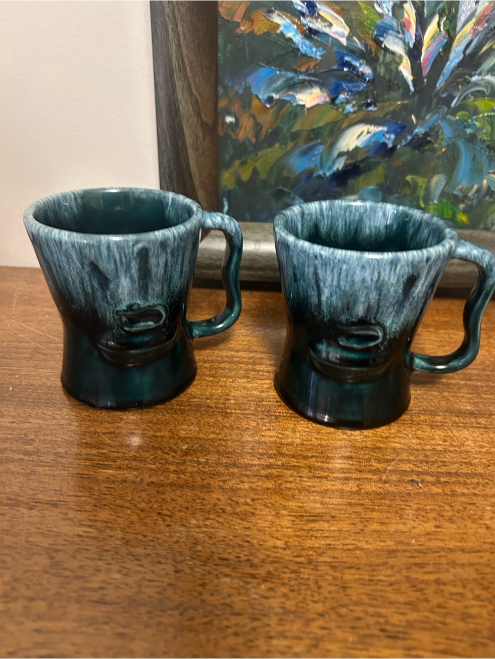 Vtg Laurentian Pottery Curling Rock Mugs #352 Blue Drip Glaze St Jérôme Canada